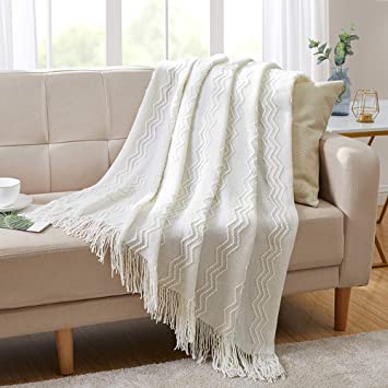 Bourina Throw Blanket Textured Solid Soft for Sofa Couch Decorative Knitted Blanket, 50" x 60",Off White