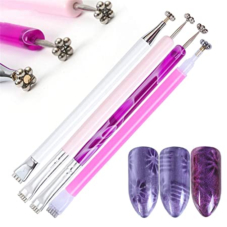 Joyeee 4Pcs Nail Magnet Tool Set With Double Head Flower Design Nail Magnet Pens, Nail Art Magnet Stick Wand for 3D Magnetic Cat Eye Gel Magic DIY Nail Art Painting Magnetic Pen