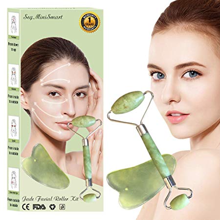Jade Roller for face Massager, Face Anti Aging Gua Sha Scraping Massage Tool Set Therapy 100% Natural Jade Facial Roller Anti Wrinkle and Skin Rejuvenate
