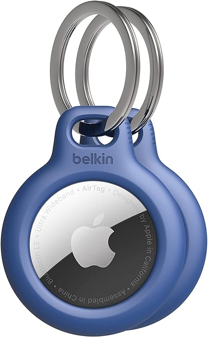 Belkin Apple AirTag Secure Holder with Key Ring, Durable Scratch Resistant Case with Open Face & Raised Edges, Protective AirTag Keychain Accessory for Pets, Luggage, Backpacks & More - 2-Pack Blue