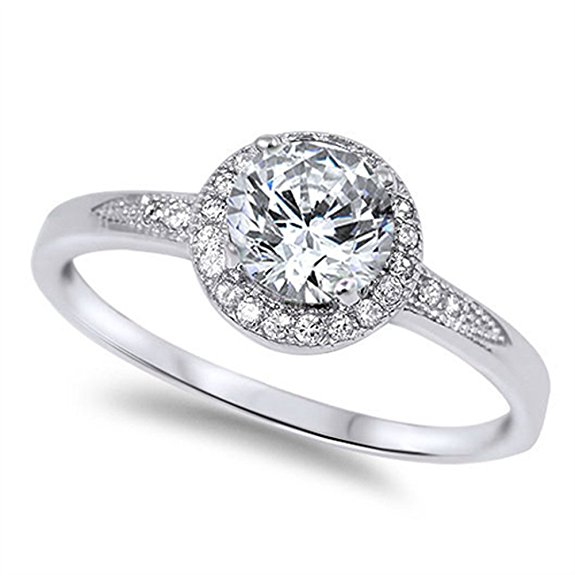 Oxford Diamond Co 1.25ct Halo Set Solitaire Cubic Zirconia & Simulated Gemstone Promise Engagement Ring .925 Sterling Silver Ring Sizes 3-12 Colors Available