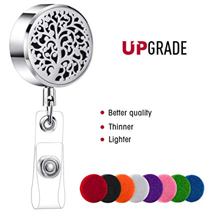 Id Badge Holder Retractable, Badge Holder Reel Clip Retractable Aromatherapy Badge Reel for Nurses with 8 Color Pads Essential Oil Diffuser Heavy Duty Cute Name Badge Holder for Women Tree of Life