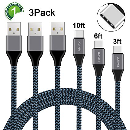 USB Type C Cable, Xcords USB C Cable 3Pack 3FT 6FT 10FT USB C to USB 2.0 Nylon Braided S8 Charger Cable for Galaxy S8, S8 Plus, LG G5 G6 V30, HTC 10, Nexus 5X/6P, Google Pixel XL(Blue Black)