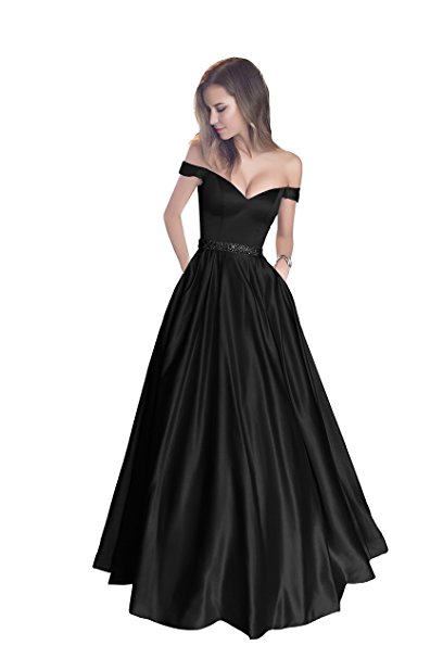 Harsuccting Off The Shoulder Beaded Satin Evening Prom Dress With Pocket