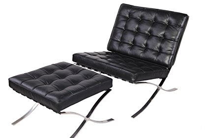 MLF Pavilion Barcelona Chair & Ottoman. Premium Aniline Leather, High Density Foam Cushions & Seamless Visible Corners. Polished Stainless Steel Frame Riveted with Cowhide Saddle Straps.(Black)