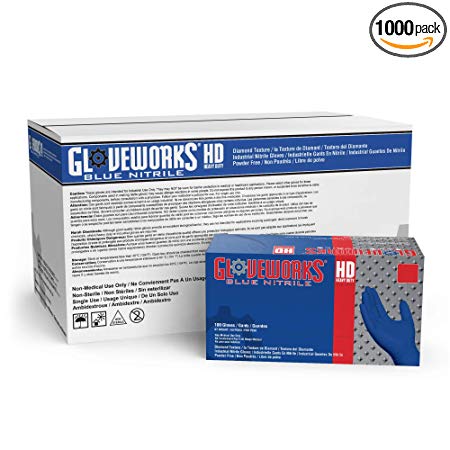 GLOVEWORKS HD Industrial Blue Nitrile Gloves - 6 mil, Latex Free, Powder Free, Diamond Texture, Disposable, XLarge, GWRBN48100, Case of 1000