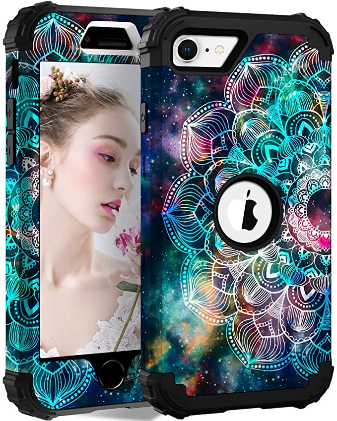 Hocase iPhone SE 2020 Case, Heavy Duty Shockproof Protection Hard Plastic Silicone Rubber Hybrid Protective Case for iPhone SE 2nd Generation (4.7-inch Display) 2020 - Mandala in Galaxy