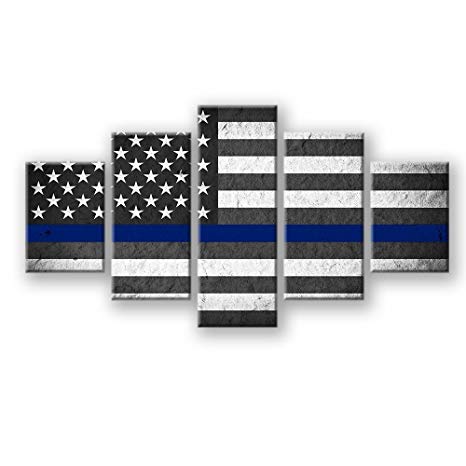 VIIVEI American Flag Canvas Print Wall Art Black and White Thin Blue Line Home Decor Decals Pictures for Living Room 5 Panel Poster Painting Framed Ready to Hang (50" Wx24 H, f)