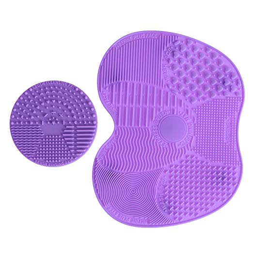 LEADSTAR Makeup Brush Cleaning Mat, Silicon Makeup Brush Cleaner Pad, 1 Apple Shaped Large Mat   1 Round Shaped Mini Mat (Purple)