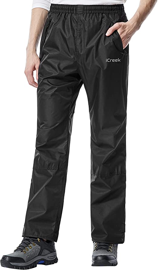 iCreek Men’s Rain Pants Waterptoof Cargo Pants Breathable Lightweight Over Pants Windproof Outdoor for Hiking, Golf, Fishing