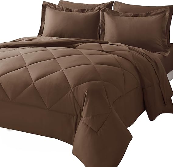 CozyLux Queen Comforter Set with Sheets 7 Pieces Bed in a Bag Brown All Season Bedding Sets with Comforter, Pillow Shams, Flat Sheet, Fitted Sheet and Pillowcases