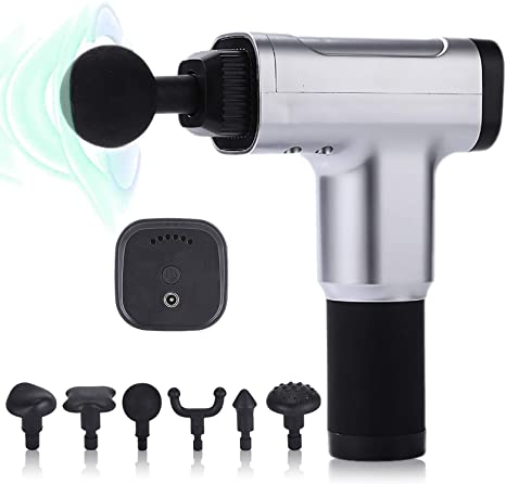 Massage Gun ,Deep Tissue Percussion Muscle Handheld Massager for Sore Muscle and Stiffness Portable Cordless Super Quiet with 6 Speed Choice and 6 Types of Massage Heads (Silvery)