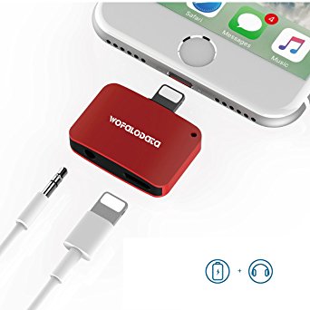 2-in-1 Lightning Adapter for iPhone 7/7 Plus,Lightning to 3.5mm Headphone Jack Adapter Cable Splitter Compatible for iOS 10.3, Charging and Listening at the Same Time (red)