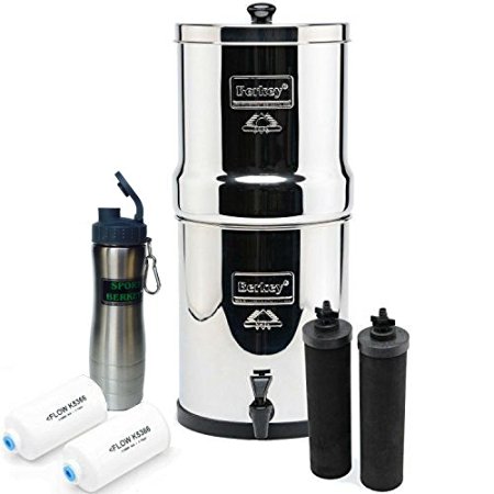 Premium Big Berkey Drinking Water Filtration System: 4 Filters - 2 Black Filters, 2 Fluoride Filters Bundled with Berkey Stainless Steel Waterbottle 2.25 Gallon