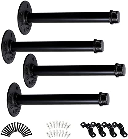 3/4 Gas Pipe Shelf Brackets 6" inch 4 PCS Black Rustic Farmhouse Industrial Iron Metal Wall Floating Brace Support for DIY Custom Open Shelving Hardware Included