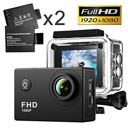 Waterproof Camera 1080P Full HD Sport Action Camera 2.0 Inch LCD Display Outdoor Mini Camera 140 Degree Wide Angle Lens Bike Camera Helmet Video Camcorders Car Camera with Outdoor Accessories 2pcs Rechargable Battery Included