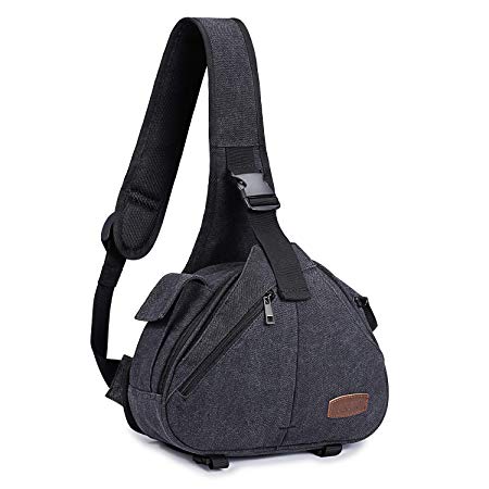 S-ZONE Canvas Camera Sling Bag DSLR Shoulder Crossbody Backpack for 1 Camera, 2 Lens, 1 Tripod