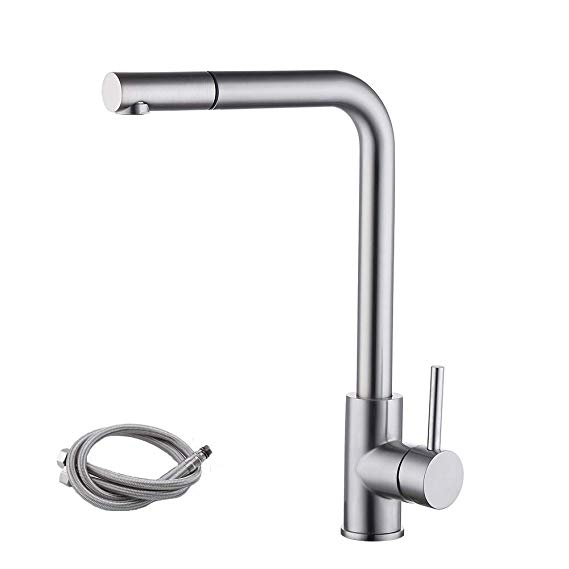 KES Stainless Steel Pullout Kitchen Faucet Modern Single Large Tall Commercial Pull Down Bar Sink Faucet with Swivel High Arc Gooseneck Pull Out Sprayer Head Brushed Finish, L6953