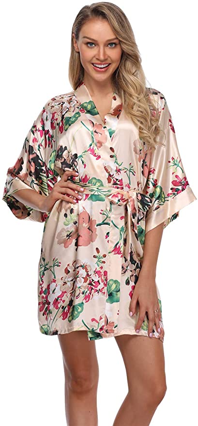 Women's Floral Satin Kimono Robes Short Bridesmaid Robes for Wedding Party