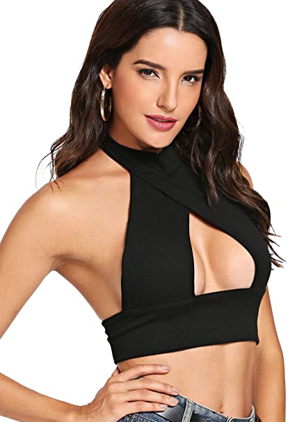 SheIn Women's Sexy Cut Out Halter Knit Ribbed Backless Crop Tank Top
