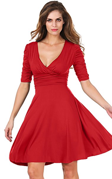 Meaneor Women's 3/4 Sleeve V-Neck Circle Jersey Dress Cocktail Dress