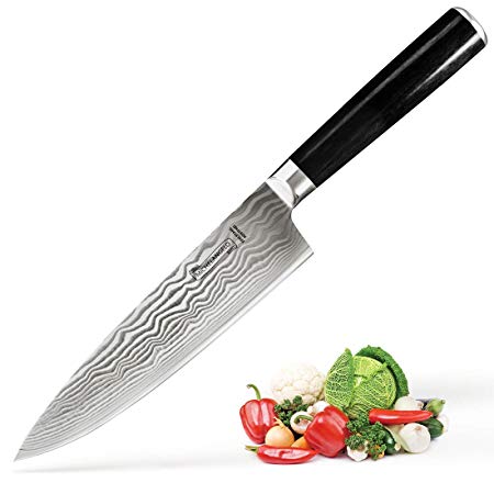 MICHELANGELO 8-Inch Chef Knife High Carbon Stainless Steel with Superior Sharpness, Edge Retention and Added Rust Resistance, Etched Damascus Knives Ergonomic Equipment