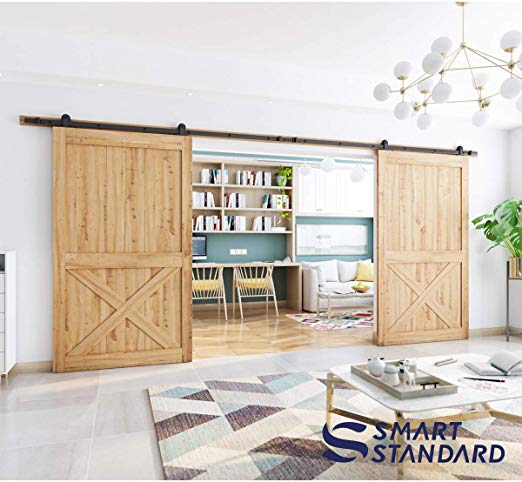 SMARTSTANDARD 16 FT Top Mount Double Sliding Barn Door Hardware Kit -Super Smoothly and Quietly -Simple and Easy to Install -Includes Step-by-Step Instruction -Fit 30" Wide Door Panel(T Shape Hanger)