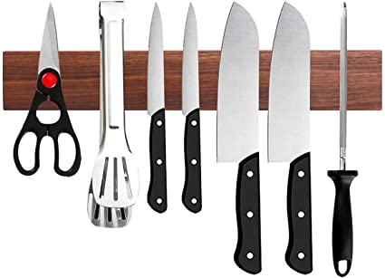 VaeFae Walnut Magnetic Knife Strip Wall Storage, 15 inch Wood Magnet Knife Holder with Hooks for Kitchen Knives on Wall, Tool Organizer, Durable Eco-Friendly