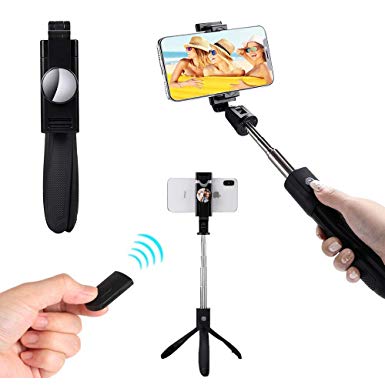 [Upgraded]SelfieCom Bluetooth Selfie Stick Tripod Extendable Selfie Stick with Mirror and Wireless Remote and Tripod Stand Selfie Stick for iPhone X/iPhone 8/8 Plus/iPhone 7/iPhone 7 Plus/Huawei/Samsung/Google
