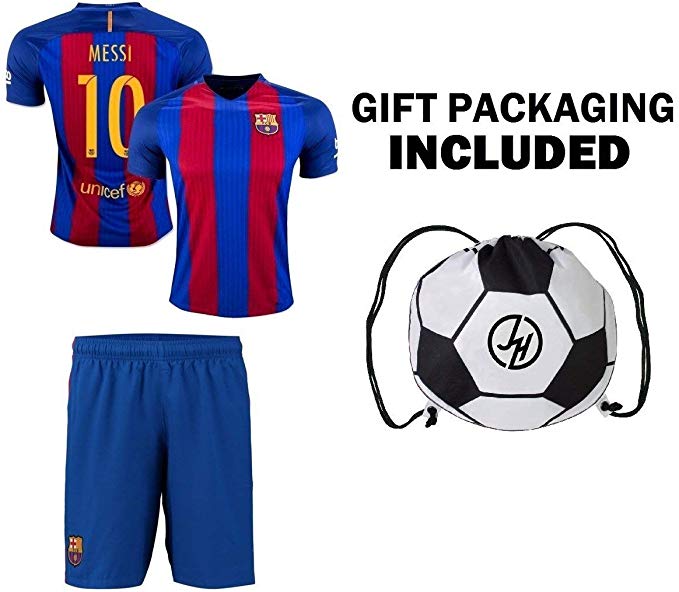 Barcelona Leo Messi #10 Jersey Kit - Ultimate Youth Soccer Fan Gift Set 4 Kids Jersey   Shorts   Bag