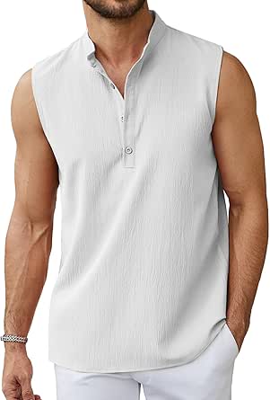 Sleeveless Beach Shirts for Men Summer Casual Tank Top Button Down Henley T-Shirts