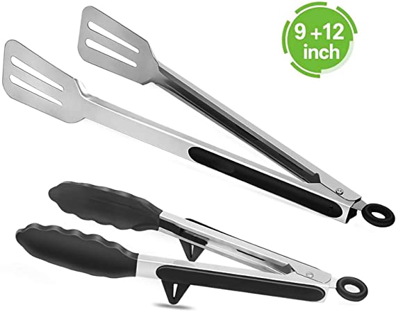 Kitchen Tongs Set of 2, 9 IN Non-Stick Silicone Tip Locking Food Tongs with Stand and 12 inch Heavy Duty Stainless Steel Flat Spatula Tongs for Cooking, BBQ, Serving - Dishwasher Safe HUSUKU (Black)
