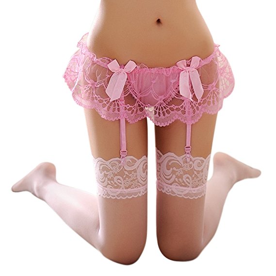 TAKIYA Womens Lace Garter Belt Panties & Sheer Stockings Lingerie Set