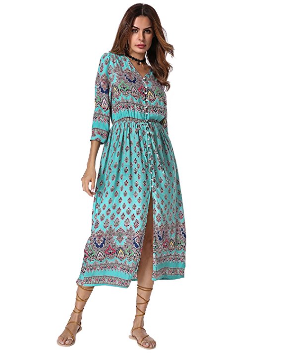 ZANZEA Women's Boho Floral Print V Neck Front Buttons 3/4 Sleeve Loose Long Maxi Dress