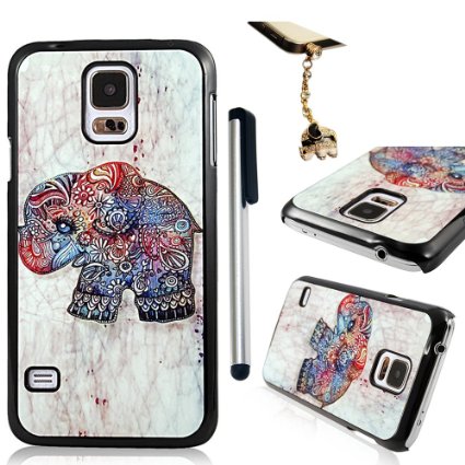 MOLLYCOOCLE Painted Series Black Frame PC Bumper and back Aluminum Hard Cover Case Elephant Pattern Cover for Samsung Galaxy S5 SM-G900A SM-G900T SM-G900P SM-G900V S5 SM-G900R4  1x Stylus Pen  1x Auti Dust Plug - Cute Elephant