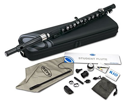 Nuvo N210SFBK Student Flute Kit with Straight Head, C-Foot, Case and Accessories - Black with Stainless Steel Collars