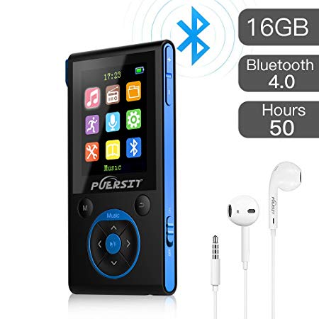 PUERSIT 16GB MP3 Player with Bluetooth, Portable Music Player FM Radio Voice Recorder HiFi Lossless Sound for Sports 50 Hours Playback and Expandable Up to 128GB TF Card(Black Blue).
