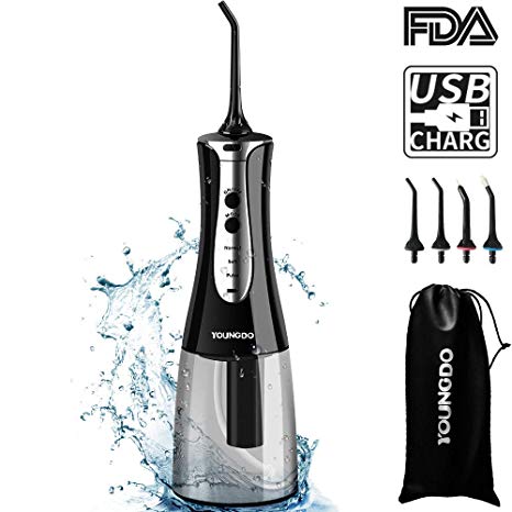 Water Flosser for Teeth,YOUNGDO Portable Cordless Oral Irrigator with 300ml Reservoir and 4 Jet Nozzles,3-Mode,IPX7 Waterproof,USB Rechargeable,Dental flosser for Home and Travel FDA Approved