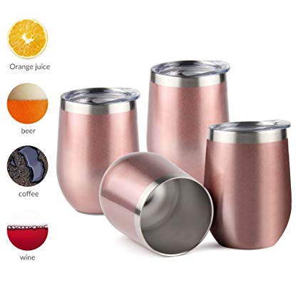 Sivaphe 4Packs Insulated Wine Glass Tumbler with Sliding Lid Vacuum 12OZ Double-Wall Stainless Steel Travel Mug Unbreakable Drinking Cups for Wine Cocktails Ice Cream Rosegold