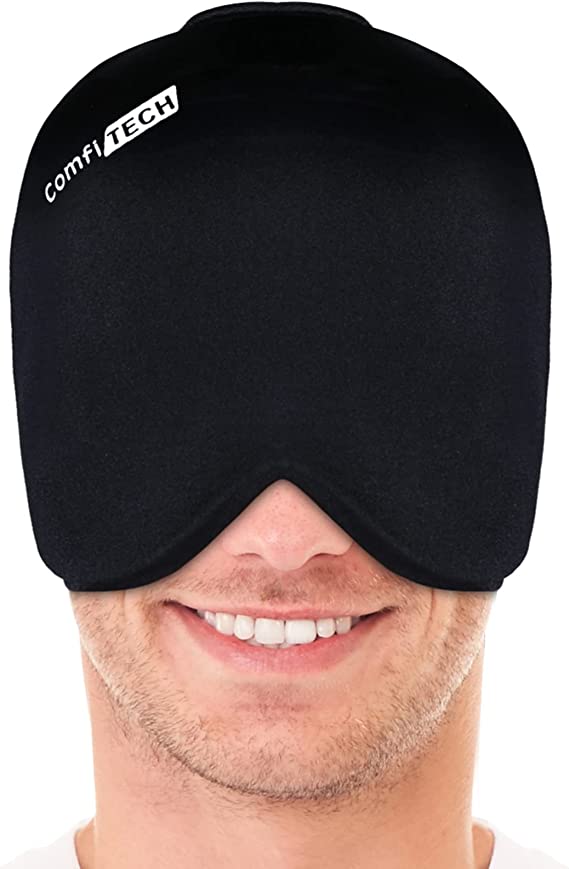 Comfitech Large Headache Relief Hat Migraine Cap, Wearable Migraine Mask Ice Head Wrap for Tension Headache, Puffy Eyes, Sinus Headache & Stress Relief Gel Cold Compress (Large Black)