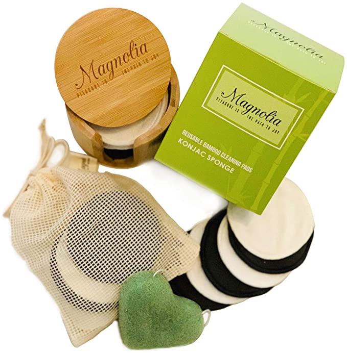 Reusable Cotton Pads 18 Makeup Remover Pads Bamboo by Magnolia | Washable, Eco Friendly, White Black Soft Rounds Set for Eyes, Face Foundation | Laundry Bag, Bamboo Box, Bonus Konjac Sponge
