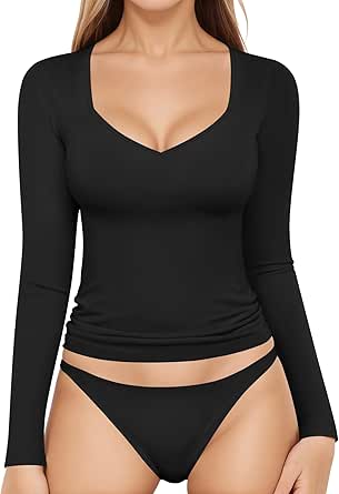 MANGOPOP Women's T Shirt Sweetheart V Neck Long Sleeve Short Sleeve Basic Tight Tops Tee