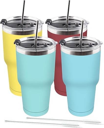 Amtidy 4 Pack 30oz Travel Mug, Powder Coated Stainless Steel Vacuum Double Wall Bulk Tumbler, Durable Insulated Coffe Cup with Splash Proof Lids straw and cleaning brush，for Home, Office, Party