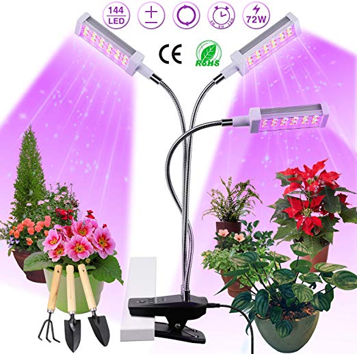 Plant Light, Semai 3-Head Plant Lamp for Indoor Plant, Full Spectrum Grow Light with Clip, 64W Stepless Dimming 3/6/12H LED Grow Lamp Auto Timer Light with 360°Adjustable Gooseneck