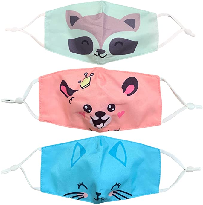 Kids 3 Pack of Washable and Reusable Breathable Cotton 2 Layer Face Mask with Adjustable Straps (Cat Chihuahua Racoon)