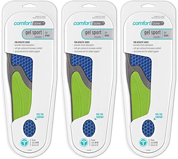 Comfort Zone Gel Sport Insoles Men's, 8-13 (Pack of 3)