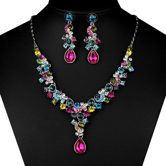 FAYBOX Glamorous Crystal Rhinestone Beading Necklace Earrings Wedding Jewelry Sets