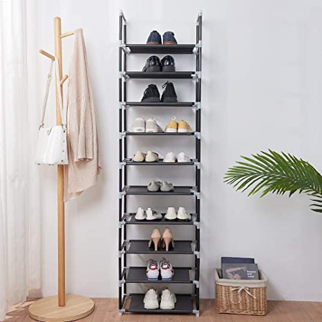 FORUP 10 Tiers Stackable Shoe Rack, Adjustable Shoe Storage Organizer Shelf, Non-Woven Fabric Shoe Tower Shelf (Black)