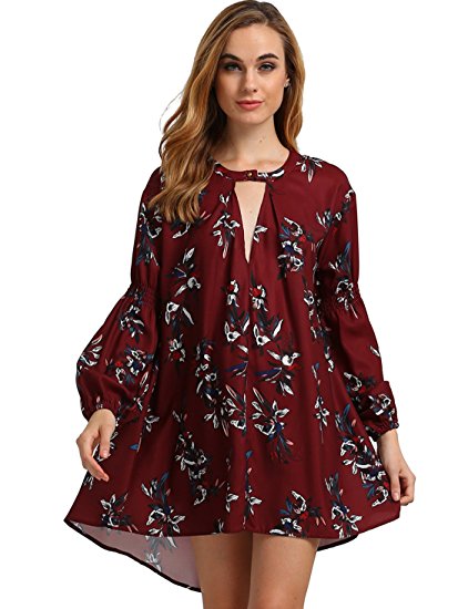 Romwe Women's Floral Print Long Sleeve Summer Loose Tunic Beach Dress