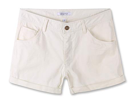 Vetemin Women's Juniors Comfy Fitted 5-Pocket Cuffed Casual Walking Chino Shorts